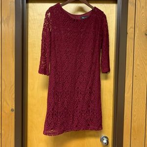 Burgundy quarter length sleeve lace dress